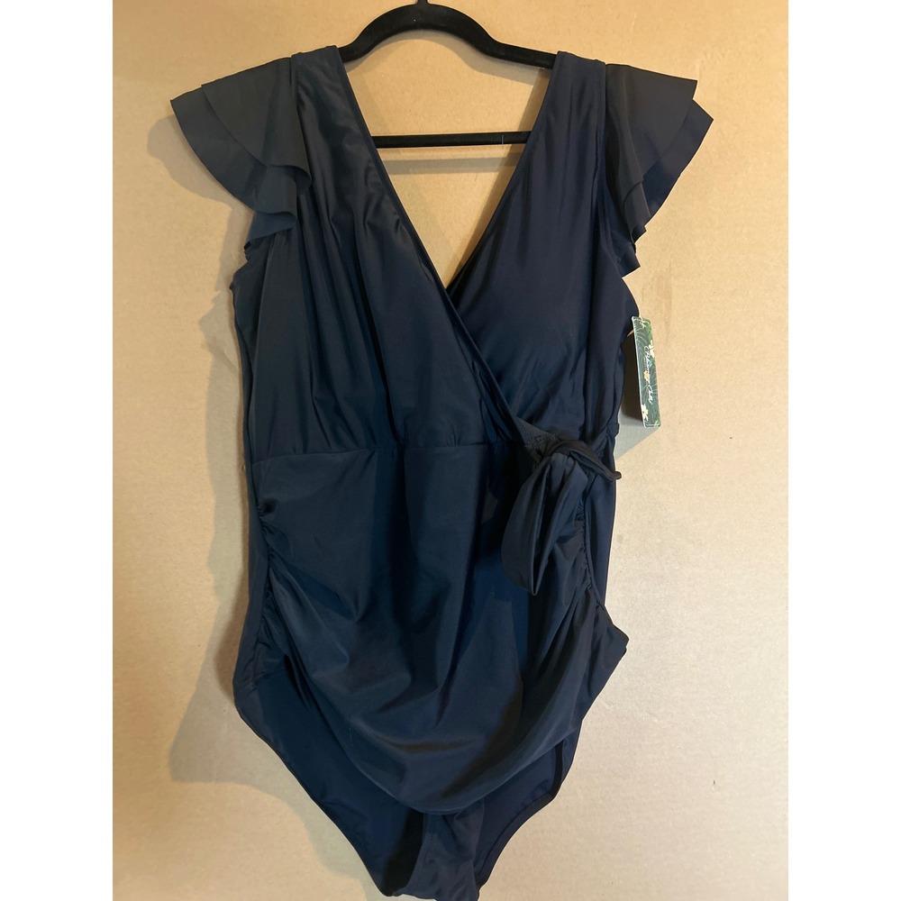 Blooming Jelly Black Ruffle Sleeve Faux Wrap One Piece Swimsuit 3X